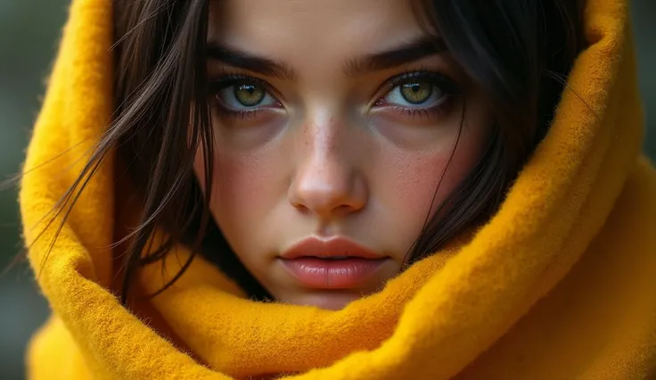 girl with a yellow scarf around her neck and a committed face 