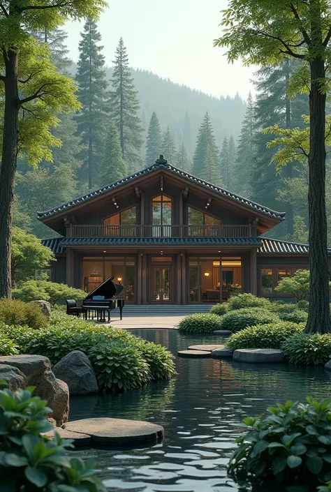 anime, Large luxurious cabin in the woods with a piano in the garden 