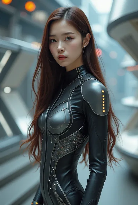 Create a Korean girl with long brown hair in a futuristic outfit,Metalica