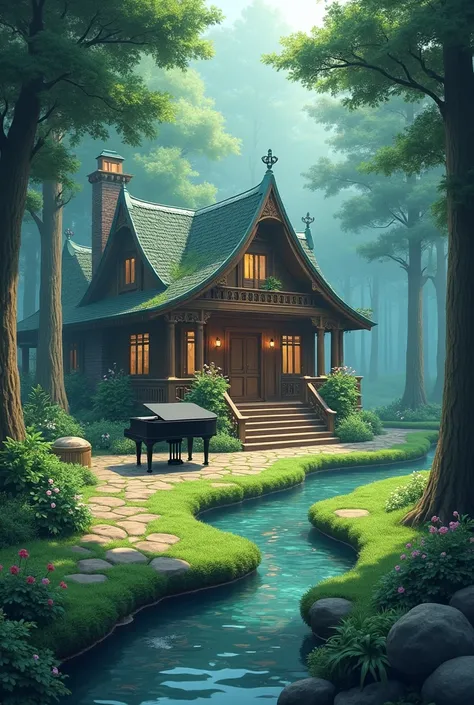 anime, Luxury cabin in the woods with a piano in the garden 