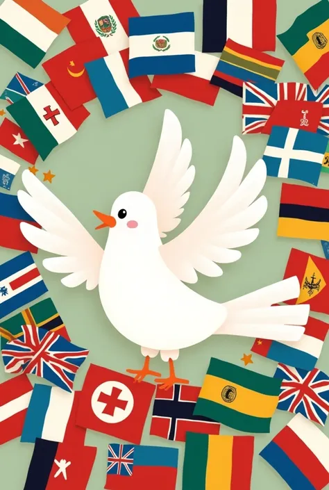 Drawing about world peace with flags of all countries , white dove cartoon style 