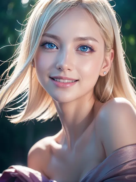 Very beautiful young girl,Big smile, Extremely beautiful,Charming,perfection, White and beautiful skin, Sparkling platinum blonde hair, Striking big blue eyes, Small Face, Round cheeks, Detailed eyes,Detailed face,Shining Highlights, Calm,Nogizaka46,(Best ...