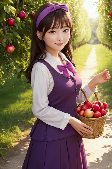 Orchard landscape, decorative art, quality, 
1 girl with purple eyes, smile, Happy fruit picking, 
The left hand holds a basket of fruit. ,There are many kinds of fruits in the basket, clothing., Vintage purple skirt suit, medium length hair, Bow headband,...