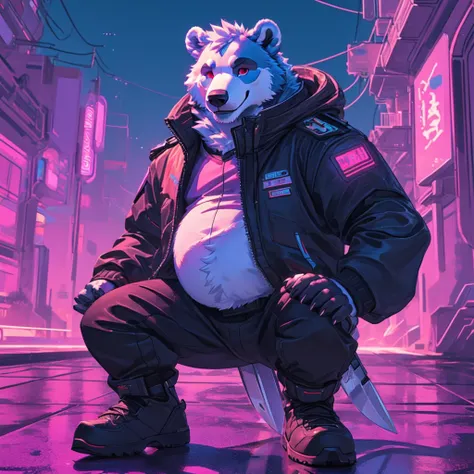 Blue Grizzly Bear with extremely massive belly, red eyes, wears futuristic boots, wears futuristic jacket, holding sci-fi knife, Looking at viewer, Smile, 80s synthwave background 