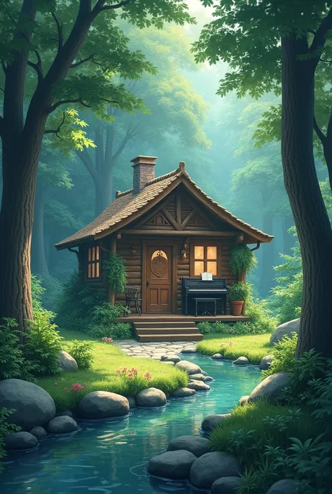 anime, Luxury cabin in the woods with a piano in the garden 