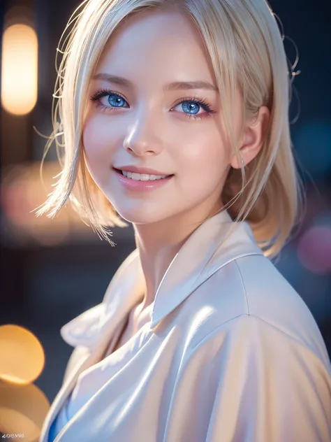 Very beautiful young girl,Big smile, Extremely beautiful,Charming,perfection, White and beautiful skin, Sparkling platinum blonde hair, Striking big blue eyes, Small Face, Round cheeks, Detailed eyes,Detailed face,Shining Highlights, Calm,Nogizaka46 unifor...