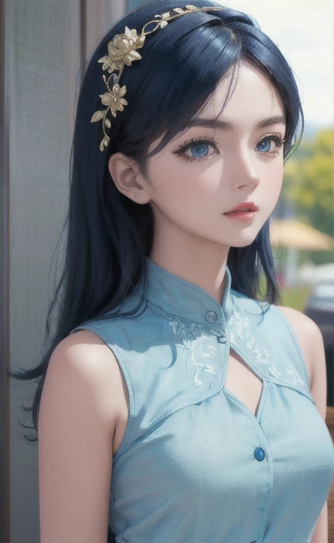 (masterpiece:1.4, Best Quality), (intricate details), unity 8k wallpaper, Very detailed, beautifully、Midea, Perfect lighting, (One person), (Blue Hair, blue eye, Medium Chest),, Dynamic pose, Dynamic Angle,  lipstick, slim, slim body, Medium Chest, , Detai...