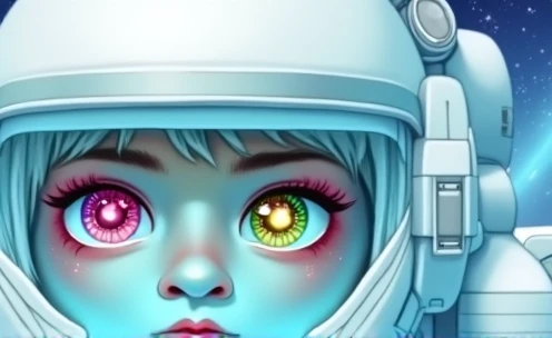 Close-up of an improved masterpiece:1.5)0.9], (Space and astronauts:1.2) (Messy silver hair:1.1) (Heterochromia: xanthochromia and blue eyes:1.2) (Space helmet:1.0) (Colourful stars in the eyes:1.0) (A radiant glow:1.1) (thick lips:0.9)