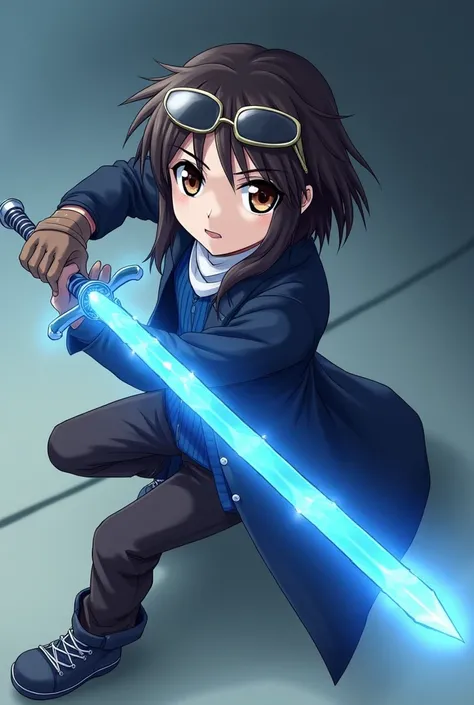 anime boy with,white neck cover,dark gray shoes,blue shirt,dark brown hair with long sideburs,black long jacket,brown gloves,dark brown pants,brown eyes,aviator glasses on his FORHEAD,he hold is his left hand the leggendary light sword,a legendary blue-hil...