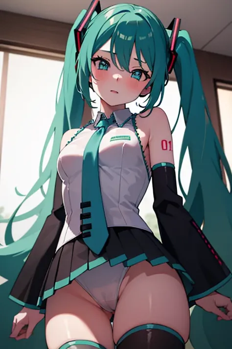 Busty Hatsune Miku blushes and spreads her legs to show wet genitals in a hotel room