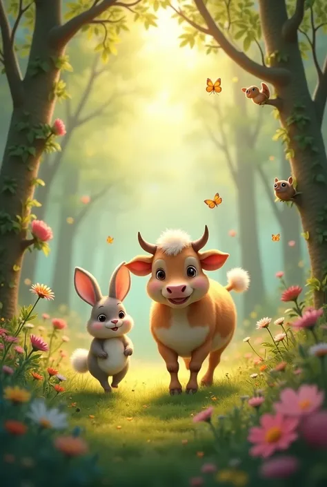 Cow walking happily with a rabbit in the enchanted forest 