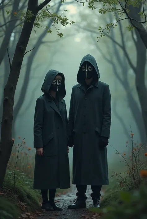 a girl and a boy, where both of them wear a mask and wear a long, hooded coat, and above it says “Anonymous Society " , the background that is from nature