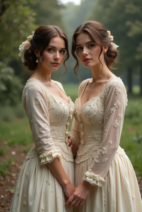 2 white woman wearing a long dress with flowers, discreet makeup, shoulder length brown hair, romantic Bridgerton style dress 

