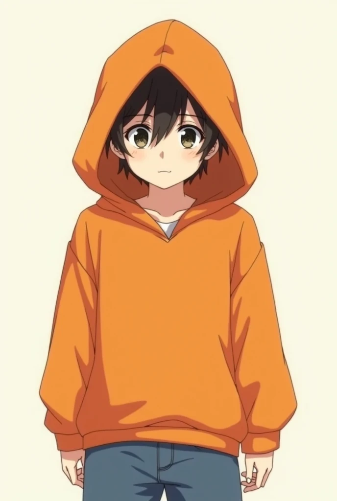 anime boy , orange hood covering part of the face, HEAD ON,blue jeans,