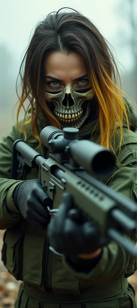 One wearing a military uniform, with long brown hair at the roots and blonde at the ends, green eyes, using a sniper and a skull mask 