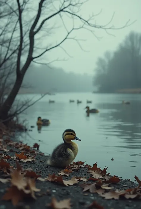 
"Describe a lonely baby duck, sitting by a lake under a cloudy, gloomy sky. He looks sadly at the water, waiting for the mother who never comes back. His feathers are damp and he shivers with cold, surrounded by dry leaves falling from the trees. The feel...