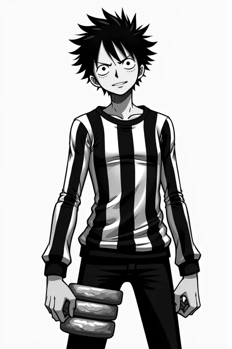 Monkey D. Luffy, Black and white striped long sleeve sweatshirt, black and white striped jumpsuit, short black hair, black eyes, 