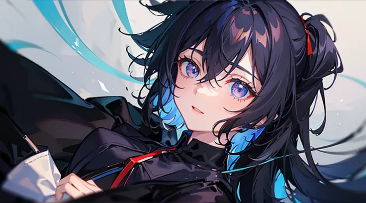 (masterpiece, sidelighting, ultra-detailed, finely detailed beautiful eyes: 1.2, blue lighting) anime girl, tomboyish, crimson eyes, short sharp messy black hair. Black suit, white collared shirt, red bowtie with long ribbons, black shorts, black thigh str...