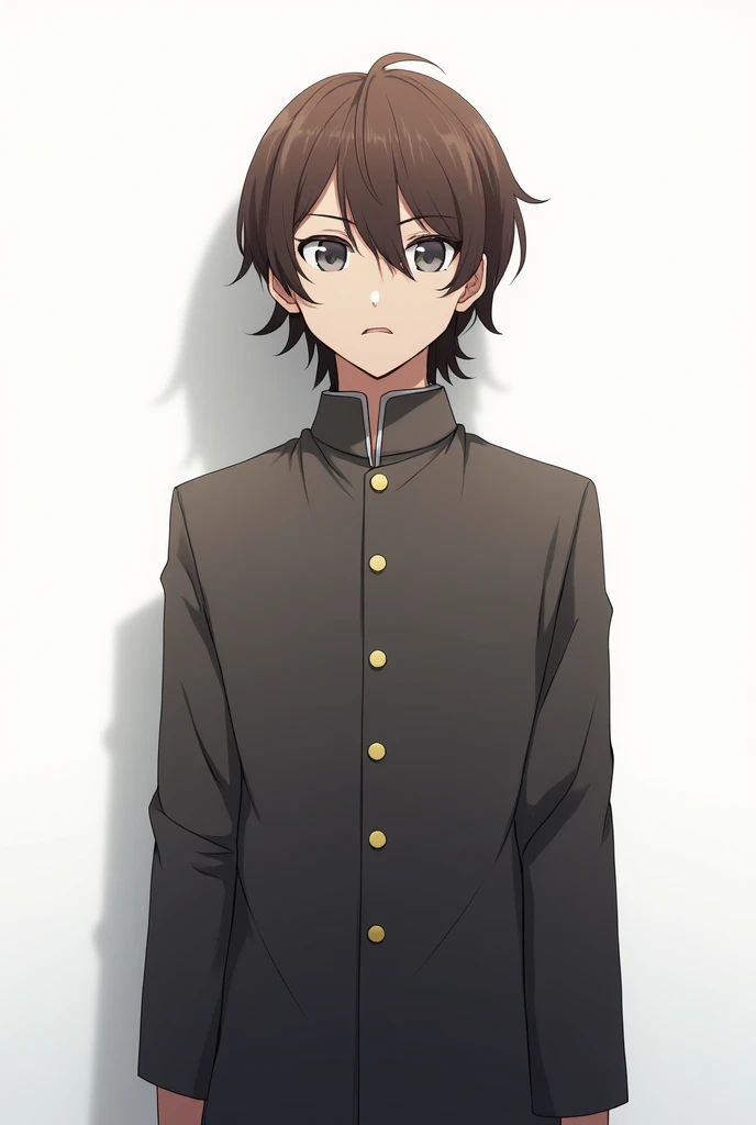 Tall boy, brown hair, grey eyes, serious expression, longer hair to shoulders, white,of anime