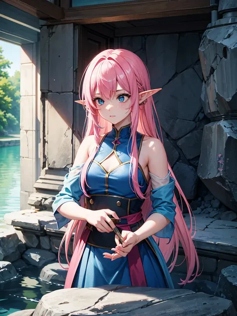 pink haired elf girl with blue streaks, petrified, turned to stone