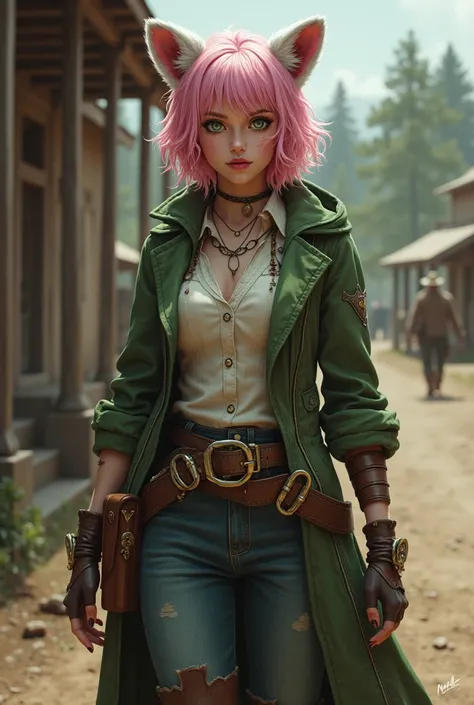 I would like a woman with raccoon ears on the sides of her head, short pink hair with wavy white tips, and green eyes. She wears eyeliner and lipstick. Her skin is fair, and she is dressed as a hunter, with a hood at the back, jeans, a belt buckle, and a w...