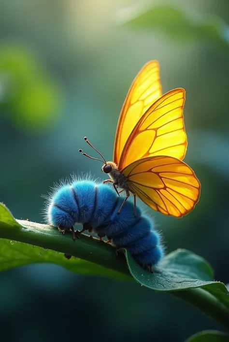 blue caterpillar turning into yellow butterfly 