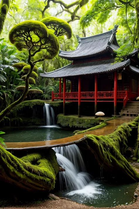 ((best quality)), ((masterpiece)), (detailed), real scene, asian rainforest, at the foot of the waterfall there is a small chinese style wooden house, small and high waterfall, a clear lake, next to the house there is an old tree with a big trunk, on the t...