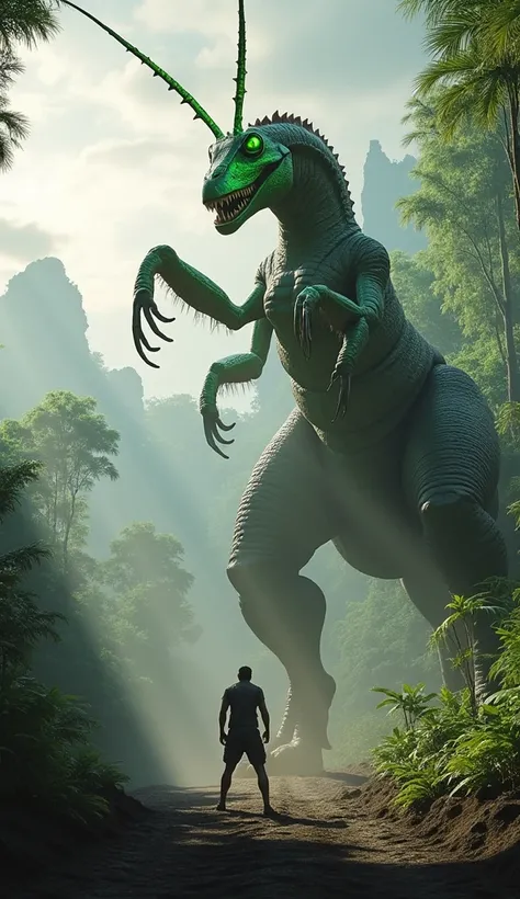 An epic, hyper-realistic 3D scene of a gigantic mantis squaring off against a massive T-Rex in a lush, dense jungle. The mantis, with sharp, gleaming scythe-like arms raised defensively, stands tall with its intricate, green exoskeleton shimmering in the l...