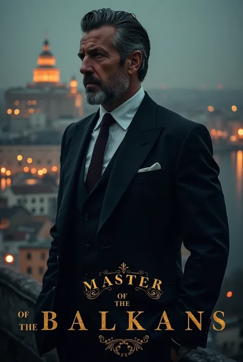 Dominant male figure: Representation of The Master of the Balkans back or profile, dressed in a smart suit, looking towards a Balkan urban skyline.
Balkan skyline: A mix of modern and classical architecture, simbolizando el can y la influencia 

Mujer en l...