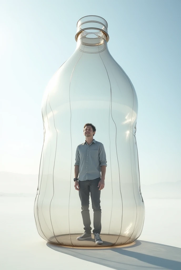 Transparent inflatable soda bottle shaped and large, with a man inside posing
