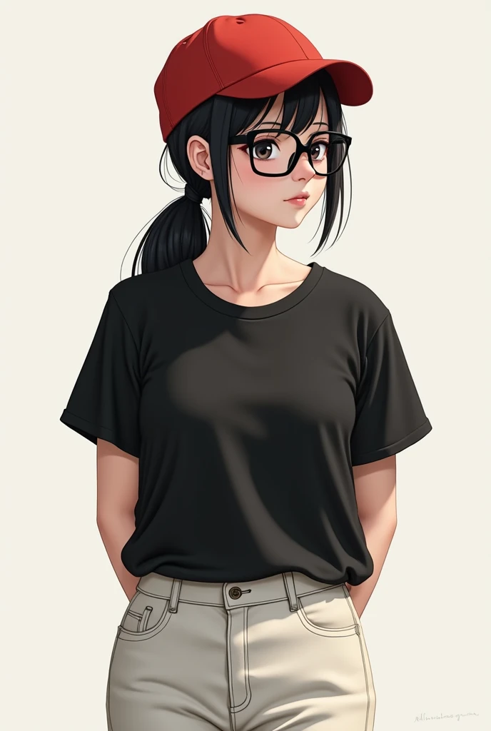 A black-haired girl with a ponytail, a red hat, black glasses, white skin, a black shirt, and white pants 
