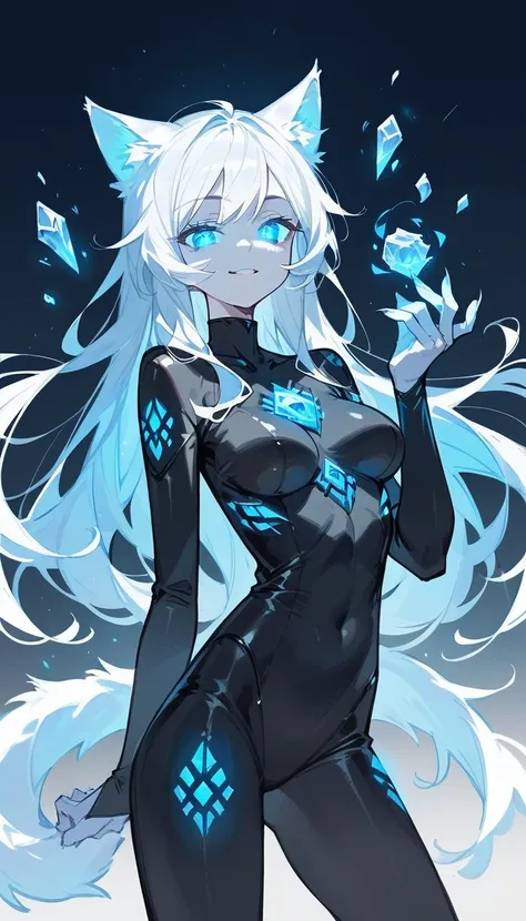 1 catgirl, solo, long white hair, blue glowing eyes, sexy, slender body, black leather fullbody suit, breast, pale skin, seducti...