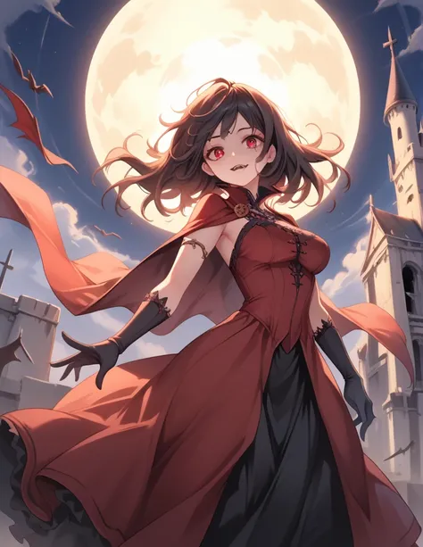 ((((masterpiece)))), ((((Best Quality)))), High resolution,4K,8k,dark,night,Abandoned castle,whole body,fine grain,Detailed face,vampire,red,Red Cape,Red dress,Red long skirt,Curvy,High resolution,Fan-shaped,action、so beautiful、Beautiful Skin、Beautiful and...