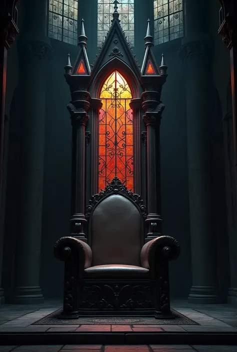 A throne that had an imposing and elegant structure. Its sides were adorned with high Gothic arches., that rose gently, creating a sense of lightness. The seat, padded and comfortable, was wrapped in dark wood panels, richly detailed with intricate carving...