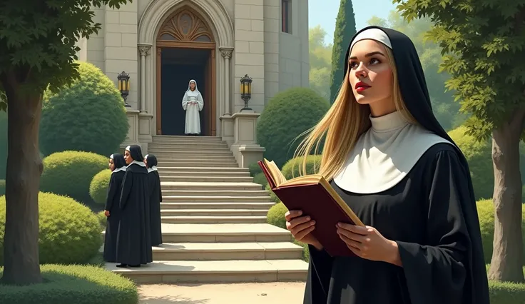 a beautiful nun with straight blonde hair and big breasts with a book in her hand and some nuns in the background talking watching a handsome man with straight black hair in a casual outfit climbing a staircase in a garden outside the church during the day...