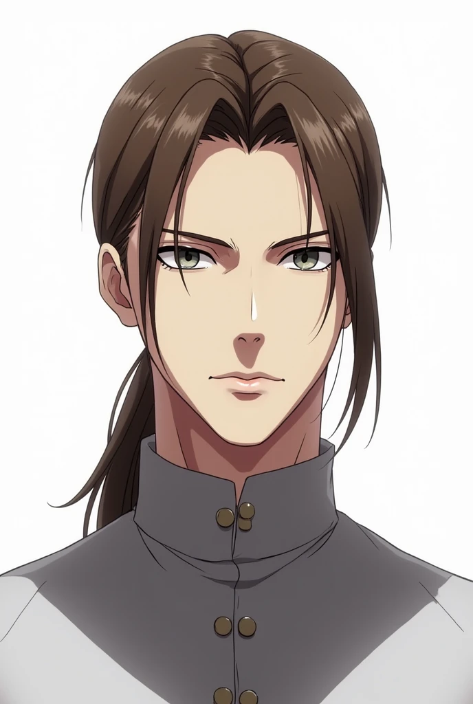 Tall boy, brown hair, beautiful, grey eyes, serious expression, long hair not so long with ponytail, white, of anime