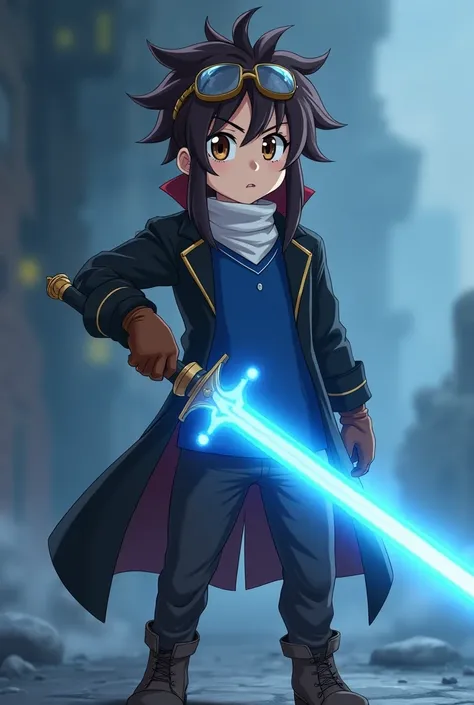 anime boy with,white neck cover,dark gray shoes,blue shirt,dark brown hair with long sideburs,black long jacket,brown gloves,dark brown pants,brown eyes,aviator glasses on his FORHEAD,he hold is his left hand the leggendary light sword,a legendary blue-hil...