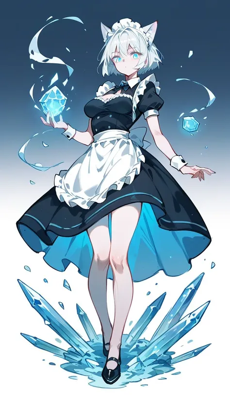 1 catgirl, solo, long short hair, glowing blue eyes, ice magic, sexy, slender body, maid outfit, full body, breast, pale skin, focused, holding a giant black claymore, powerful, sketch,