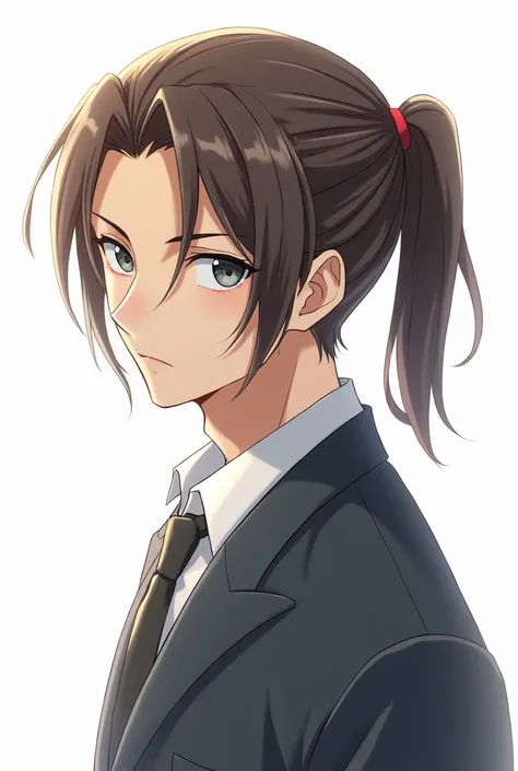 Tall boy, brown hair, beautiful, grey eyes, serious expression, long hair not so long with ponytail, white, of anime