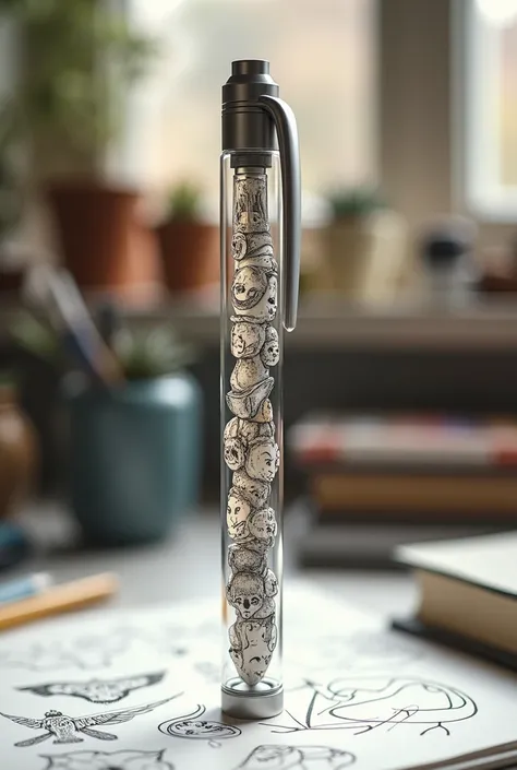 Pen with tube full of drawings