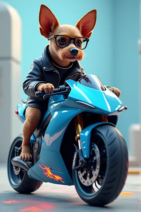 Imagine a choloescuincle breed dog with glasses and a leather jacket on top of a super modern blue motorcycle with flames 
