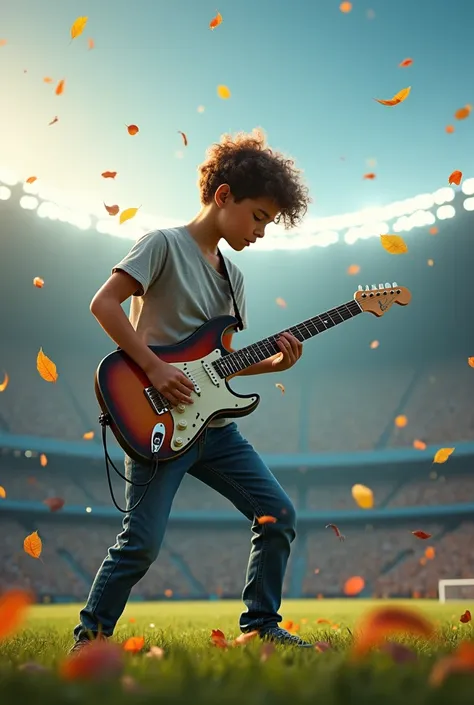 Make a boy playing electric guitar with a football stadium in the background and floating leaves drawn 