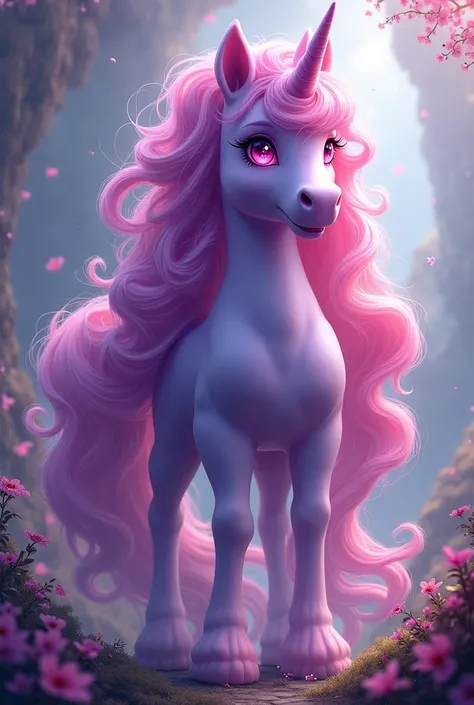 I draw a beautiful pony with purple fur, fuchsia eyes, long hair balayage fantasy colors full body beautiful fantasy background 