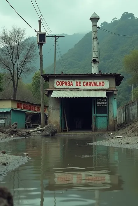 A commercial store with a sign: &#39;COPASA DE CARVALHOS - PAY YOUR SEWAGE FEE&#39;, dumping sewage water into the river with big pipes and polluting it. On the riverbank there is a sign that says &#39;Rio dos Franceses&#39;.