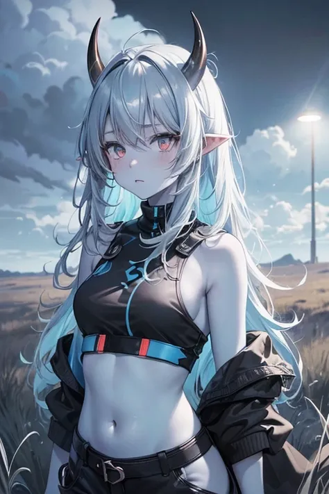 (artwork,best quality,ultra detailed),1 girl,black hair,messy hair,pointy ears,(((colored skin,light blue skin))),oni horns,black crop top,((gray theme)),((pastel color theme)),in a meadow,nighttime,cloudy