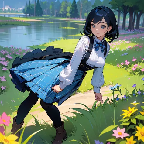 (high quality, High resolution, Very detailed, reality:1.37), Peaceful atmosphere, (Outdoor, garden), Teenage girl standing alone, (My breasts are large.), Beautiful details, Cute Smile, (Black bob hair), Ribbed sweater, Blue plaid skirt, Black tights, Bro...