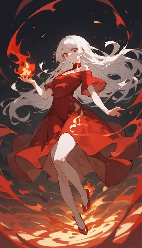 1 girl, solo, long white hair, red eyes, red dress, time magic, white flame, fullbody