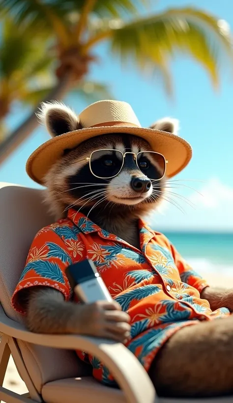 A racoon, hawaii shirt, beach hat, sunglasses, lay down relax posing, taking a realistic photo, holding a pod vape, vaping exhale cloud 