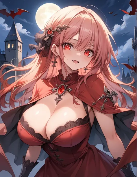 ((((masterpiece)))), ((((Best Quality)))), High resolution,4K,8k,dark,night,Abandoned castle,whole body,fine grain,Detailed face,vampire,red,Red Cape,Red dress,Red long skirt,Curvy,High resolution,Fan-shaped,action、so beautiful、Beautiful Skin、Beautiful and...