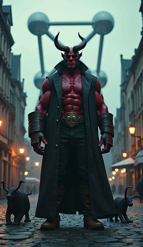 /imagine Hellboy character, inspired by Belgian folklore, standing in front of the Atomium in Brussels --v 5 --ar 16:9 --q 2 --style cinematic --details intricate --lighting dramatic --background detailed --elements Kludde, Nekker, Witte Wieven --colors da...